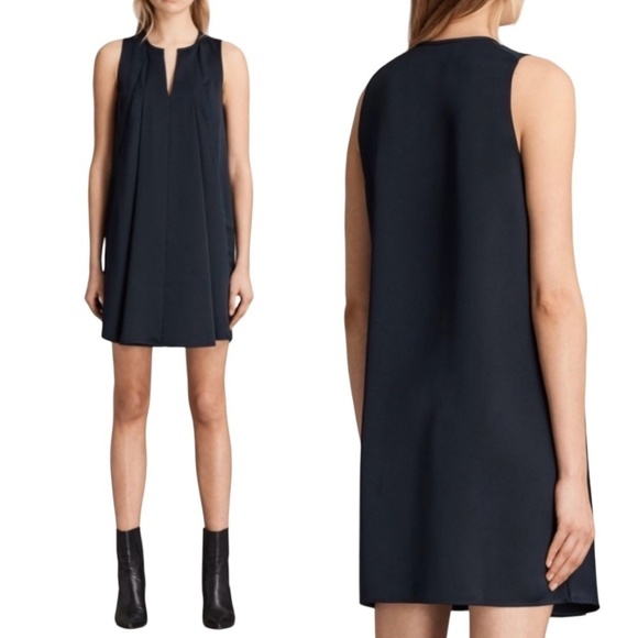 ALL SAINTS ‘BEA’ Mini A-Line Dress Matte Black Satin Soft Front Pleating US Sz 0 - Picture 1 of 8